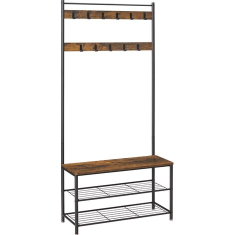 Armoire XL avec Banc à Chaussures, Porte-manteaux et Porte Chaussures, Meuble d'Entrée de 175 cm de haut et 85 cm de large, bois vintage brun et cadre métallique noir (1/5)