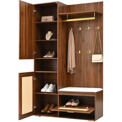 Guardaroba da ingresso con specchio, scarpiera, 6 ganci dorati, panca, vani aperti, LED a 16 colori e spazio alto, finitura legno scuro e bianco - CHICFURN (1/5)