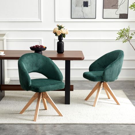 Ensemble de deux fauteuils pivotants de luxe légers style rétro — revêtement en velours vert foncé, pieds en bois massif, rotation silencieuse à 360°, dossier incurvé enveloppant, idéaux pour salle à  (1/5)