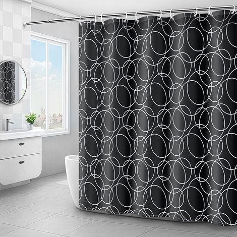 (Black, 180 x 180 cm) Shower Curtain, Washable, Waterproof Fabric Shower Curtains, Machine Washable, Polyester with 12 Rings