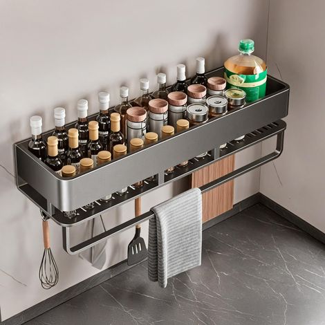 Étagère à épices murale en métal - Gris - Sans perçage - Avec 5 crochets - Support à épices mural - Étagère à épices suspendue pour étagère de cuisine - 40 cm (1/5)