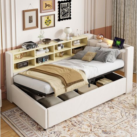 Letto a cassone bambini 90x200 cm con ripiani, vani portaoggetti, luce notturna, porta USB-Type-C, in velluto, senza materasso, beige (1/5)