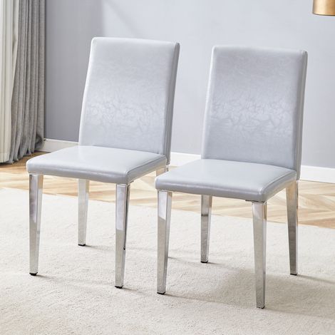 Set di 2 sedie da pranzo in ecopelle e metallo con schienale, stile moderno, grigio chiaro e argento (1/5)