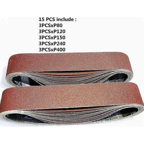 Bandes abrasives mixtes (grains 80/120/150/240/400) pour ponceuses à bande, 50 x 686 mm, lot de 15. (1/5)