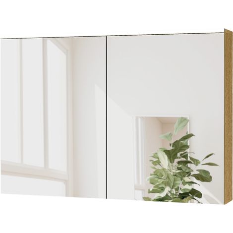 BERNSTEIN - Mueble de baño de pared Antracita mate 100x18x70cm (LxAnxAl) 2 puertas con espejo, iluminación LED, estantes de cristal - SOLO Roble miel oro