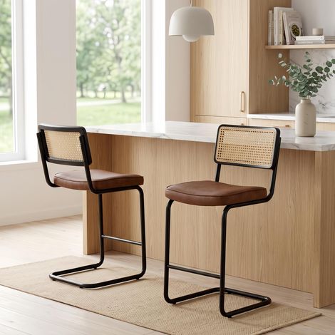 Lot de 2 Tabourets de Bar Design Mid-Century - Chaises de Bar en Chenille et Cannage Pieds Métal Noir Confortables - pour Cuisine Scandinave Marron (1/5)