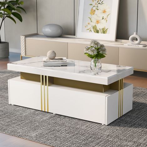 Rechteckiger Couchtisch 100x50x40cm – Moderner Tisch mit gemusterter PVC-Marmorplatte und 2 Holzschubladen, Wohnzimmertisch – Weiß (1/5)