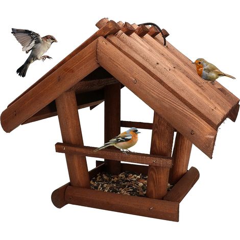 KOTARBAU® Mangeoire Oiseaux à Suspendre - Bois - 27x28x26 cm - Naturel - Mangeoire Oiseaux Extérieur - Avec Ourriture Oiseau 0,5 kg - Marron (1/5)
