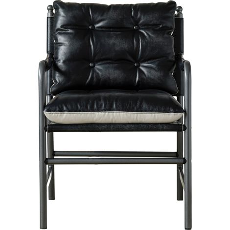 Sillón de acento de cuero negro estilo mid-century con reposabrazos y estructura metálica (1/5)