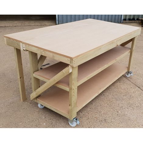 Wooden MDF Top Workbench With Extendable Working Surface, 4ft (120cm),With wheels and Double shelf (1/3)