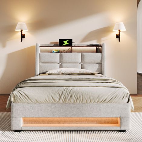 Lit convertible avec USB 90x200cm, lit simple LED avec sommier en métal, cadre de lit en tissu de lin, lit pour adolescent (sans matelas) (1/5)