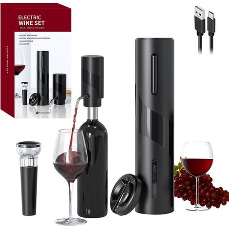 Tire-bouchon électrique 4 en 1 - Tire-bouchon à vin - Ouvre-bouteille - Accessoires pour le vin - Distributeur de vin automatique pneumatique - ABS - Noir (1/5)