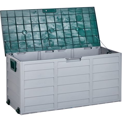 Arcón para jardín caja de almacenamiento gris y verde 112 x 50 cm ruedas de plástico asas Locarno