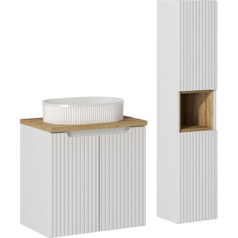 Waschtisch und Hängesäule 60cm Riva, Weiß und Holzoptik