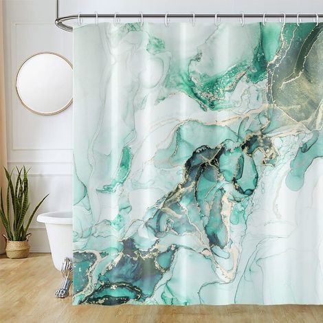 Rideau de Douche 180x180cm Turquoise Or Effet Marbre Vert Rideaux de Baignoire Tissu Lavable Imperméable Polyester Rideaux Salle de Bain avec Crochets