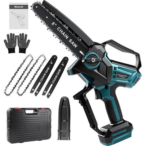 Mini tronçonneuse électrique sans fil de 8 inch, Mini Tronconneuse a Batterie Manuelle avec Graisseur Automatique, 600W Moteur sans Balais, 2 chaînes, 2 plaques de guidage (1/5)