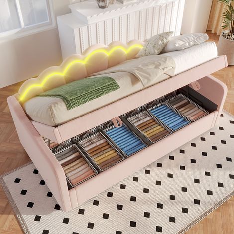 Letto Singolo 90x200 cm con Contenitore Idraulico in Velluto Rosa (1/5)