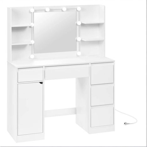Coiffeuse moderne en bois blanc avec miroir, éclairage LED et multiprise intégrée 110x140x40 cm (1/5)