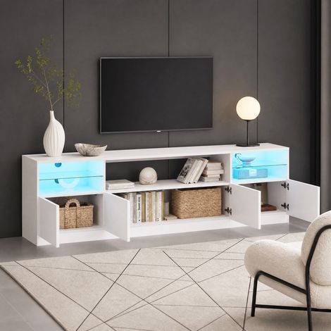 Mueble TV con almacenaje 180x35x60 cm en aglomerado blanco brillante LED - CHICFURN (1/5)