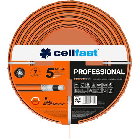 CELLFAST Tubo Acqua Giardino 5 Strati Professional 3/4" 50 m - Tubo da Giardino e Cantiere con Intreccio Incrociato - Resistente ai Raggi UV, Alghe e Torsione - Irrigazione del Giardino