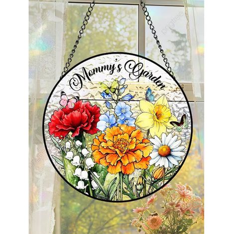 Attrape-soleil fleurs jardin famille 20 cm, décoration vitrail