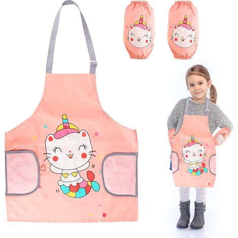 Kids Painting Apron, Kids Cooking Apron, 3-7 Years Old Girl Apron, Kids Painting Smock with Pockets and Sleeves for School Activities, Painting, Cooking, Coloring (1/5)