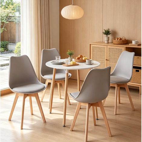 Set da pranzo rotondo con 1 tavolo e 4 sedie in legno, plastica e similpelle OKWISH (1/5)