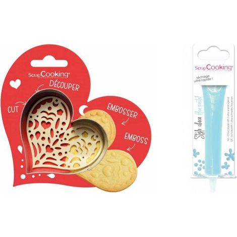Kit pour biscuit en relief Coeur + Stylo au chocolat bleu pastel