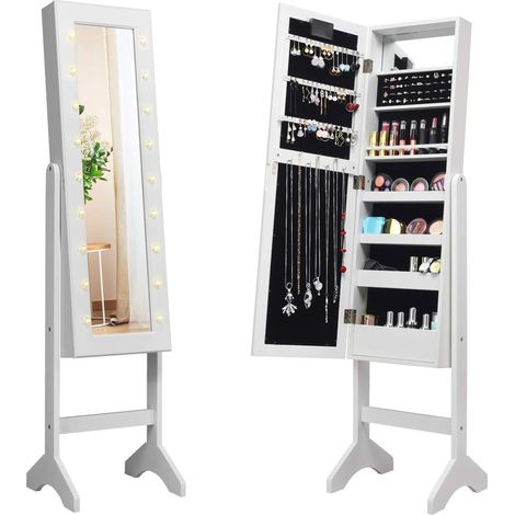 COSTWAY Portagioie Armadietto Specchiera con 18 Luci LED, Specchio a Figura Intera, Organizer per Gioielli Moderno Elegante, 145x35x31,5cm (Bianco) (1/5)