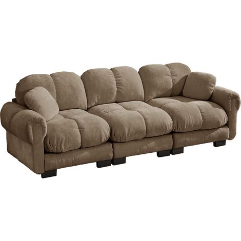 Canapé 3 places modulable en tissu marron, assise épaisse et dossier galbé, 2 coussins déco, montage facile, pour salon moderne et chaleureux CHICFURN (1/5)
