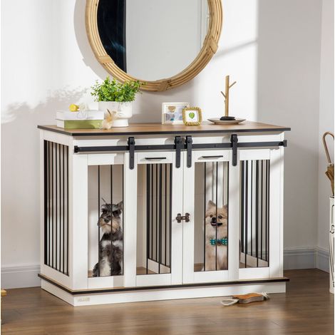 Gabbia per cani in legno bianca con doppia porta e divisorio, 120 x 60 x 88,5 cm (1/5)