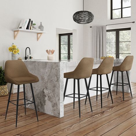 Lote de 4 taburetes de bar THALYA de pana color topo con medio reposabrazos