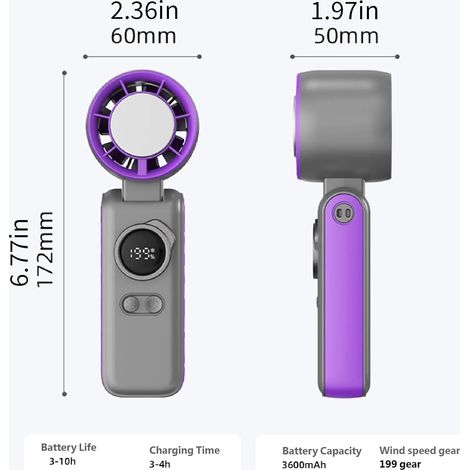 Ventilateur silencieux portable,Affichage numérique LED,pocheglace Refroidissement,pliable,Adapté au télétravail,(Violet) (1/4)