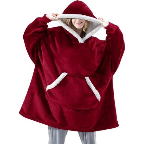 NOLUXA Sweat à Capuche Couverture Pull Capuchon Sherpa Peluche à Manches TV Plaid Couvertures Adulte Femme Homme Unisexe（Bordeaux） (1/5)