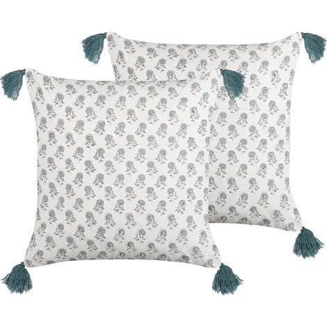 Conjunto de 2 cojines de algodón blanco azul gris 45 x 45 cm a mano borlas Cornus