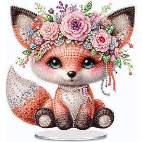 Diamond Painting Renard avec couronne de fleurs, peinture diamant 5D décoration de table, kit de bricolage pour débutants