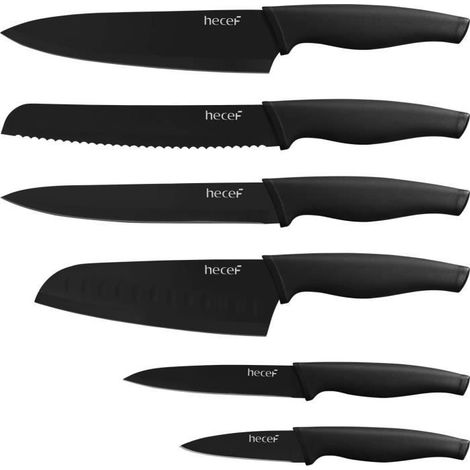 hecef Couteau Cuisine Professionnelle, 6 Pièces Set Couteaux de Cuisine Noirs en Acier Inoxydable à Haute Résistance, avec Manch126 (1/4)
