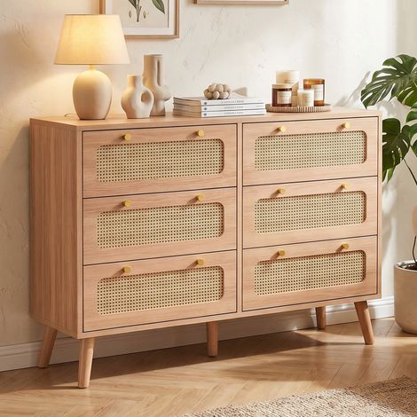 Commode 6 tiroirs en bois et rotin ,meuble de rangement multifonction, Buffet, 100 x 34 x 73 cm, MDF