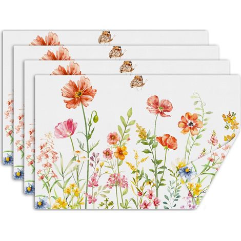 Lot de 4 Sets de Table Fleurs Sauvages, sous Assiette de Table Campagne Aquarelle, Lavable Absorbant Dessous Assietter en Lin pour Cuisine, Salle à Manger, Fêtes, Décoration 30 x 45 cm (1/5)