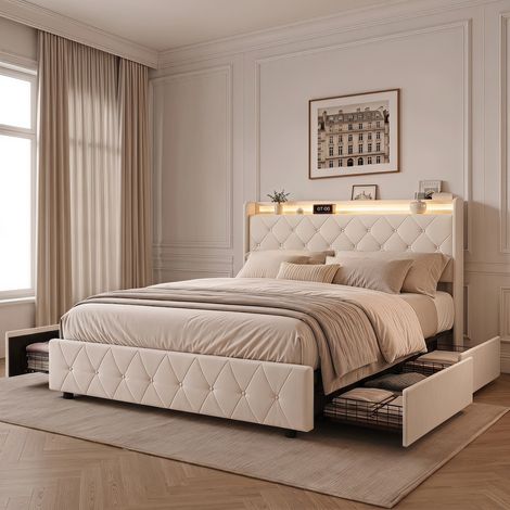 Cama de matrimonio 140x200 cm con LED RGB inteligente, cabecero con almacenamiento, estructura de cama con 4 cajones, tapizada en terciopelo, beige (1/5)