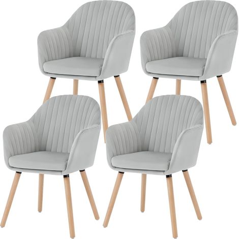 Woltu – Lot de 4 chaises de salle à manger en velours – Dossier ergonomique – Pieds en bois massif – Patins antidérapants – Gris clair