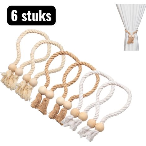 Lot de 6 embrasses de rideaux avec supports et pinces en bois cordons magnétiques pour rideaux coloris blanc marron clair et beige accessoires de décoration pour salon chambre et maison (1/5)