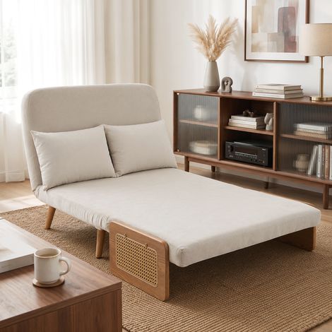Canapé Convertible 2 Places, Canapé-Lit 3 en 1 Chenille 103cm, Dossier Réglable, 2 Oreillers, Accoudoirs en Bois, Crème (1/5)
