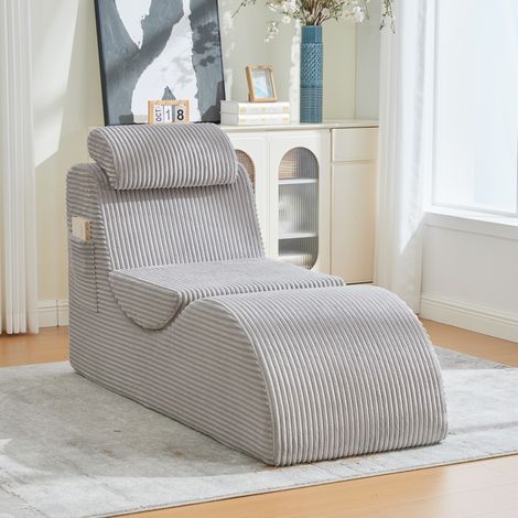 Poltrona relax moderna in velluto a coste grigio chiaro con schienale ergonomico e tasca laterale (1/5)