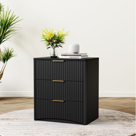 Nachttisch klassisch aus MDF in Schwarz mit 3 Schubladen, Rillenfront und gedämpften Metallschienen, 58x38x64 cm