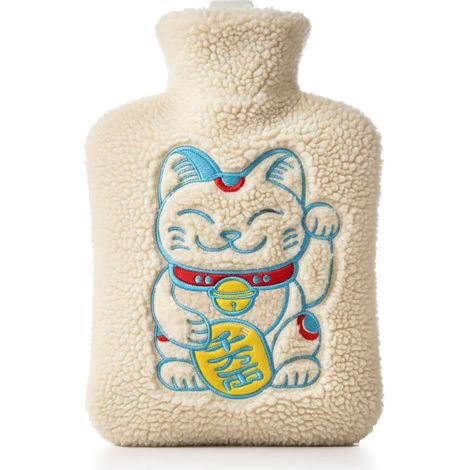 Bouillotte douillette en forme de chat porte-bonheur - Blanc - Grande bouillotte Maneki Neko - 1,8 l (33 x 20 cm) (1/5)