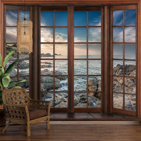 Papier peint panoramique Trompe l'oeil Fenêtre en bois - Vue Mer - 130 cm x 104 cm (1/5)