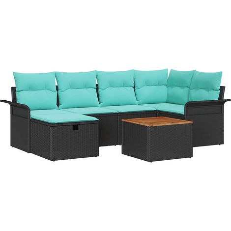 Garden Sofa Set with Cushion 7 pcs Black Poly Rattan vidaXL