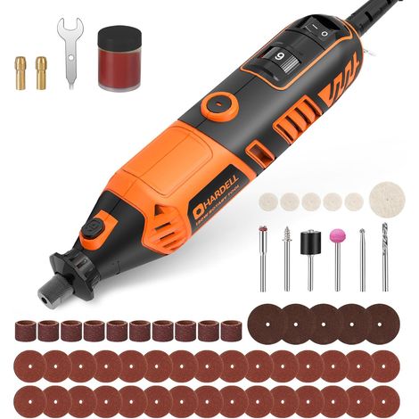 Outil Rotatif Multifonction 180W - Filaire, 6 Vitesses Variables 8000-35000 tr/min, 61 Accessoires pour Ponçage, Polissage, Découpe, Gravure, Sculpture Orange (1/5)