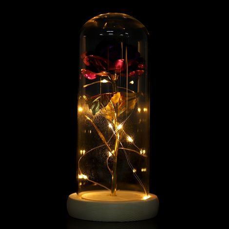 Rose éternelle lumineuse LED avec couvercle en verre et socle en bois, violette, idéale pour la Saint-Valentin ou un mariage. (1/5)